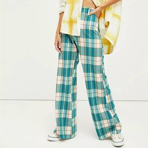 Free People Teal Plaid Wide-Leg Pants